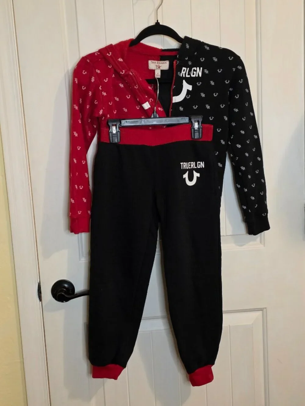 True Religion Boys Split-Color Allover Monogram Hoodie and Jogger Sweatsuit Set
